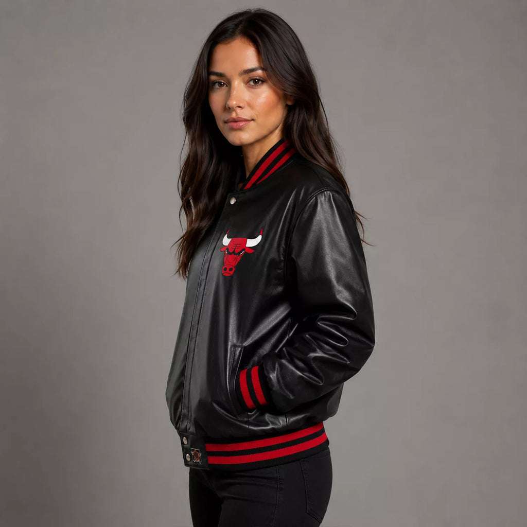 Women's Black Varsity Leather Jacket with Red Ribbed Trim and Bulls Logo