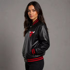 Women's Black Varsity Leather Jacket with Red Ribbed Trim and Bulls Logo