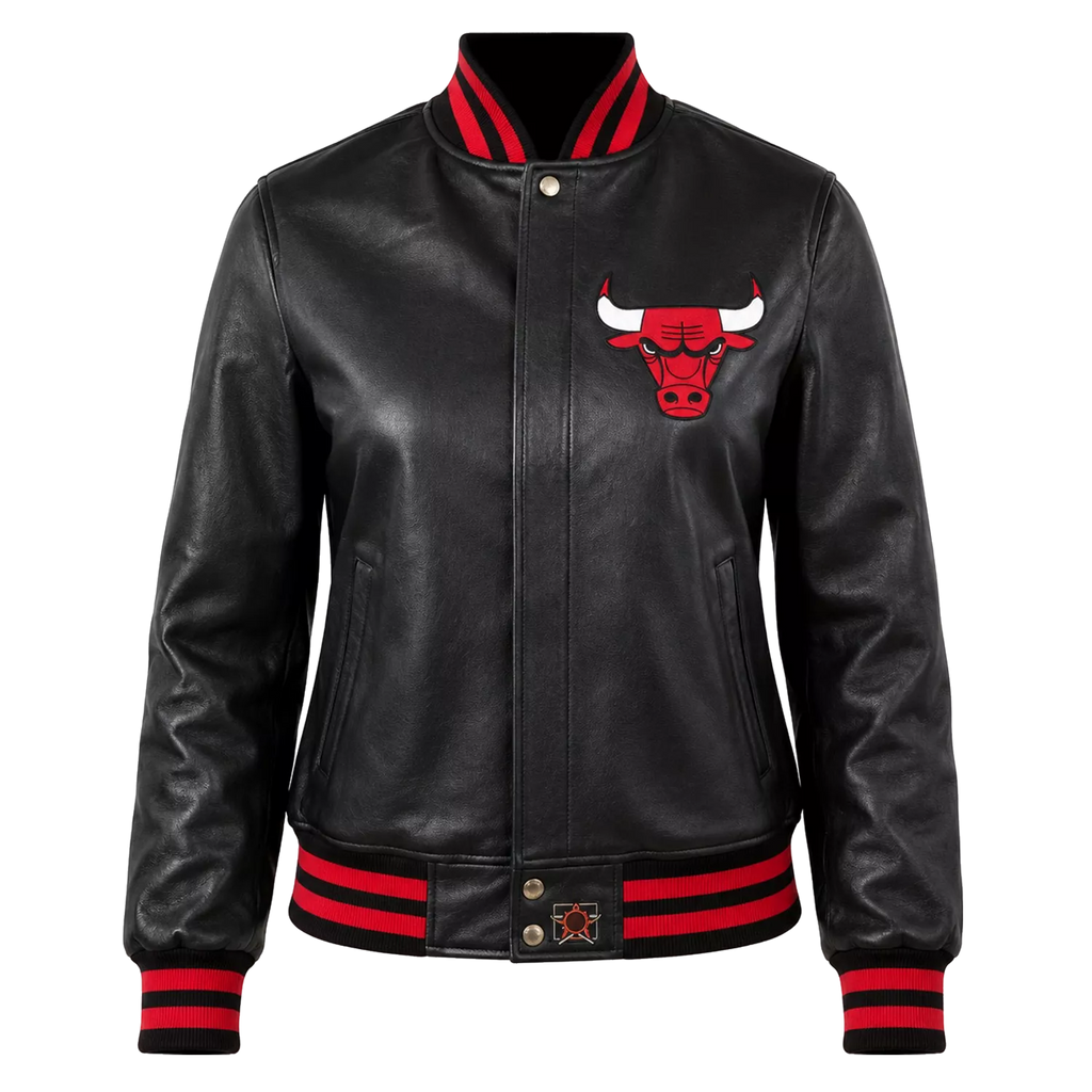 Women's Black Varsity Leather Jacket with Red Ribbed Trim and Bulls Logo