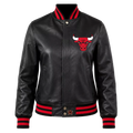 Women's Black Varsity Leather Jacket with Red Ribbed Trim and Bulls Logo