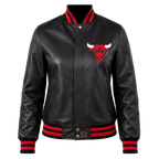 Women's Black Varsity Leather Jacket with Red Ribbed Trim and Bulls Logo
