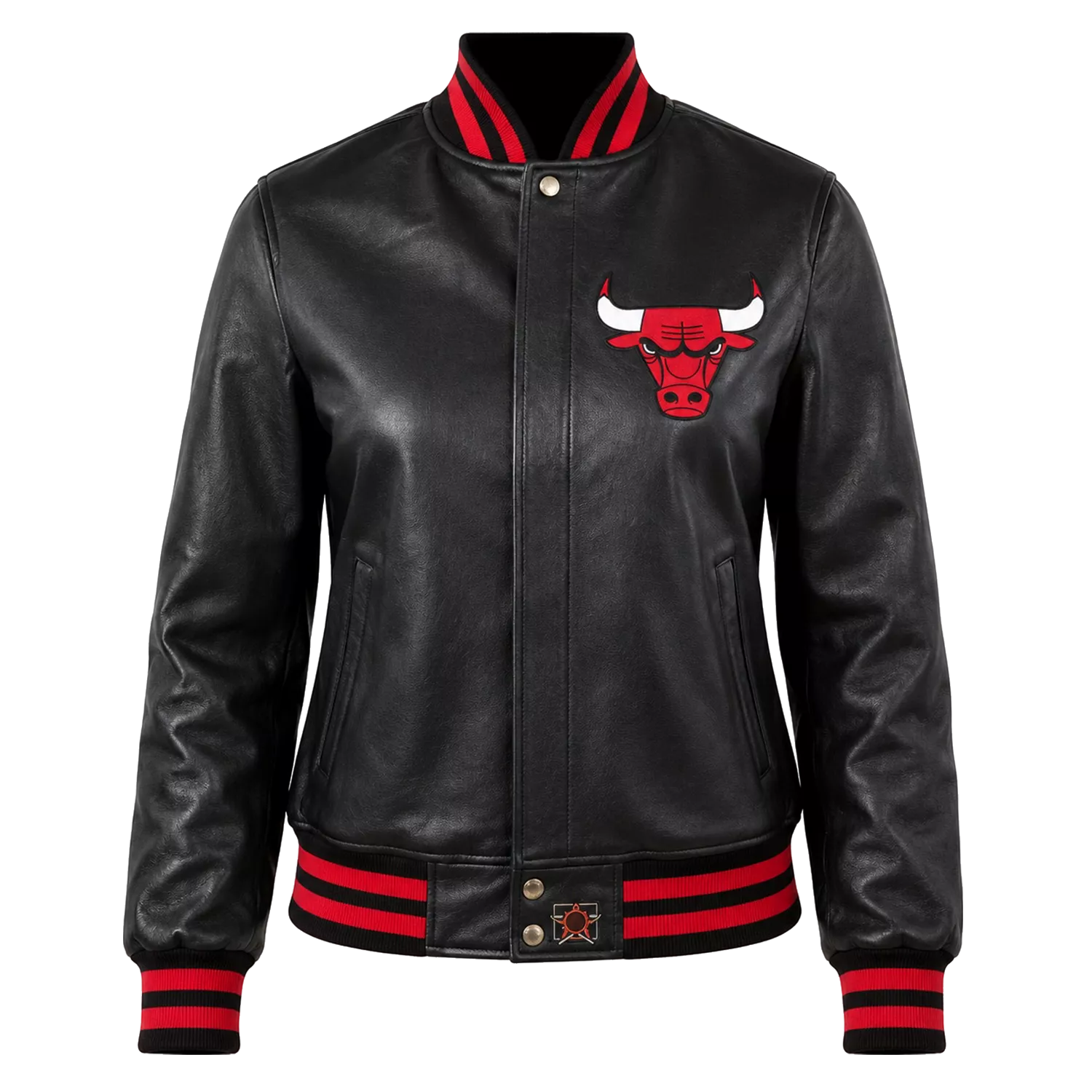 Women's Black Varsity Leather Jacket with Red Ribbed Trim and Bulls Logo