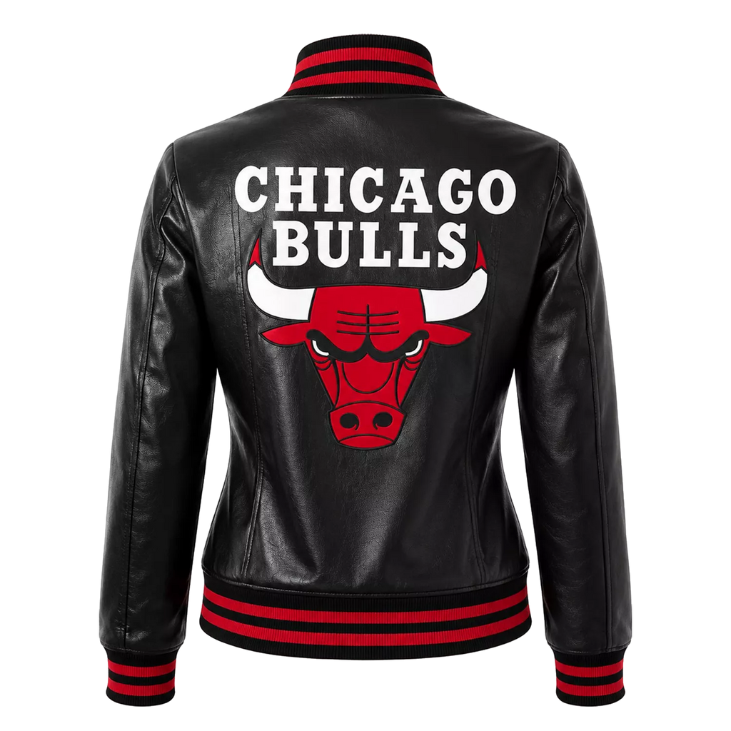 Women's Black Varsity Leather Jacket with Red Ribbed Trim and Bulls Logo