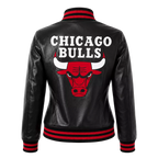 Women's Black Varsity Leather Jacket with Red Ribbed Trim and Bulls Logo
