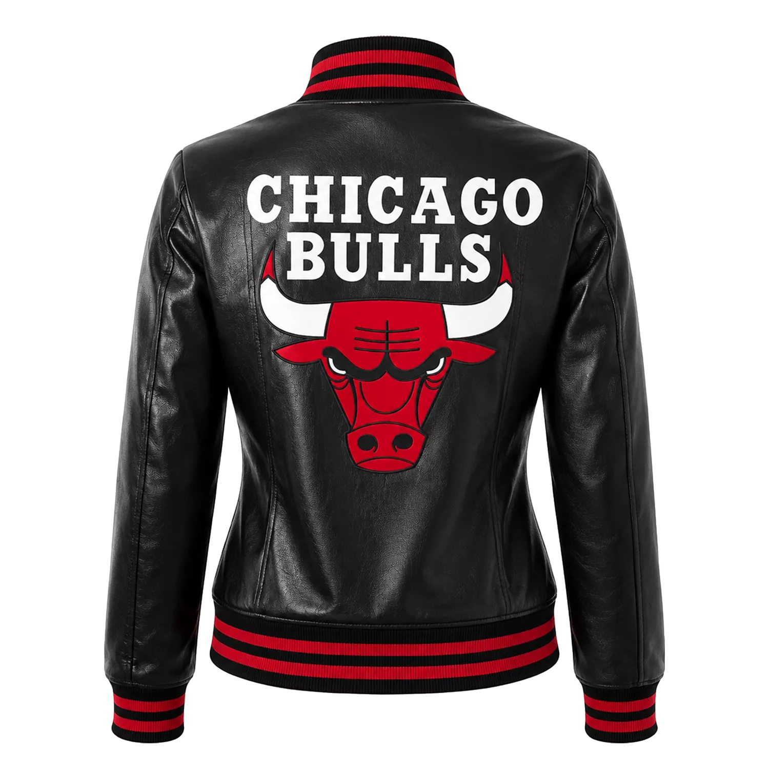 Women's Black Varsity Leather Jacket with Red Ribbed Trim and Bulls Logo