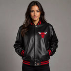 Women's Black Varsity Leather Jacket with Red Ribbed Trim and Bulls Logo