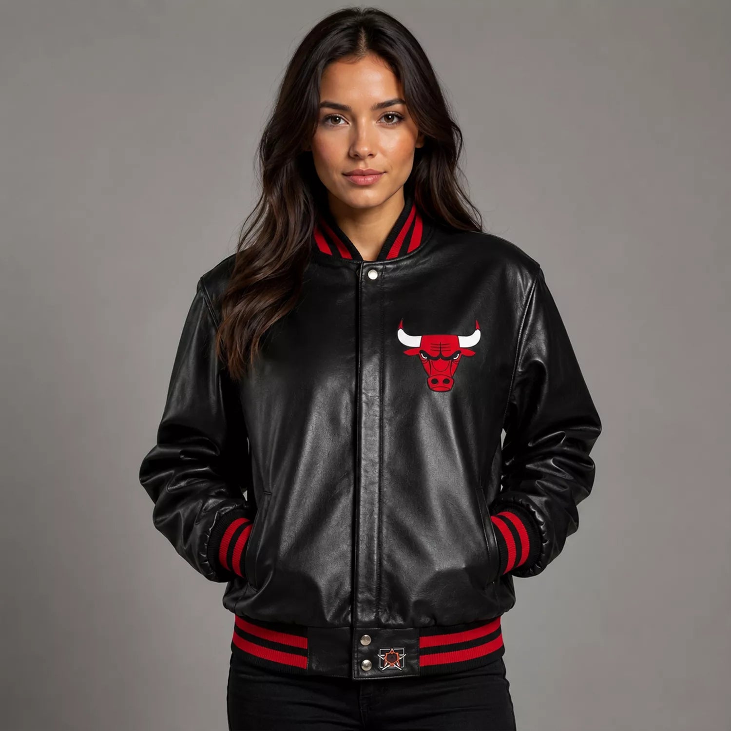 Women's Black Varsity Leather Jacket with Red Ribbed Trim and Bulls Logo