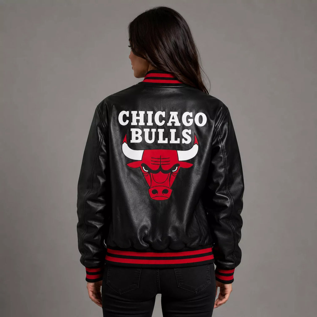 Women's Black Varsity Leather Jacket with Red Ribbed Trim and Bulls Logo