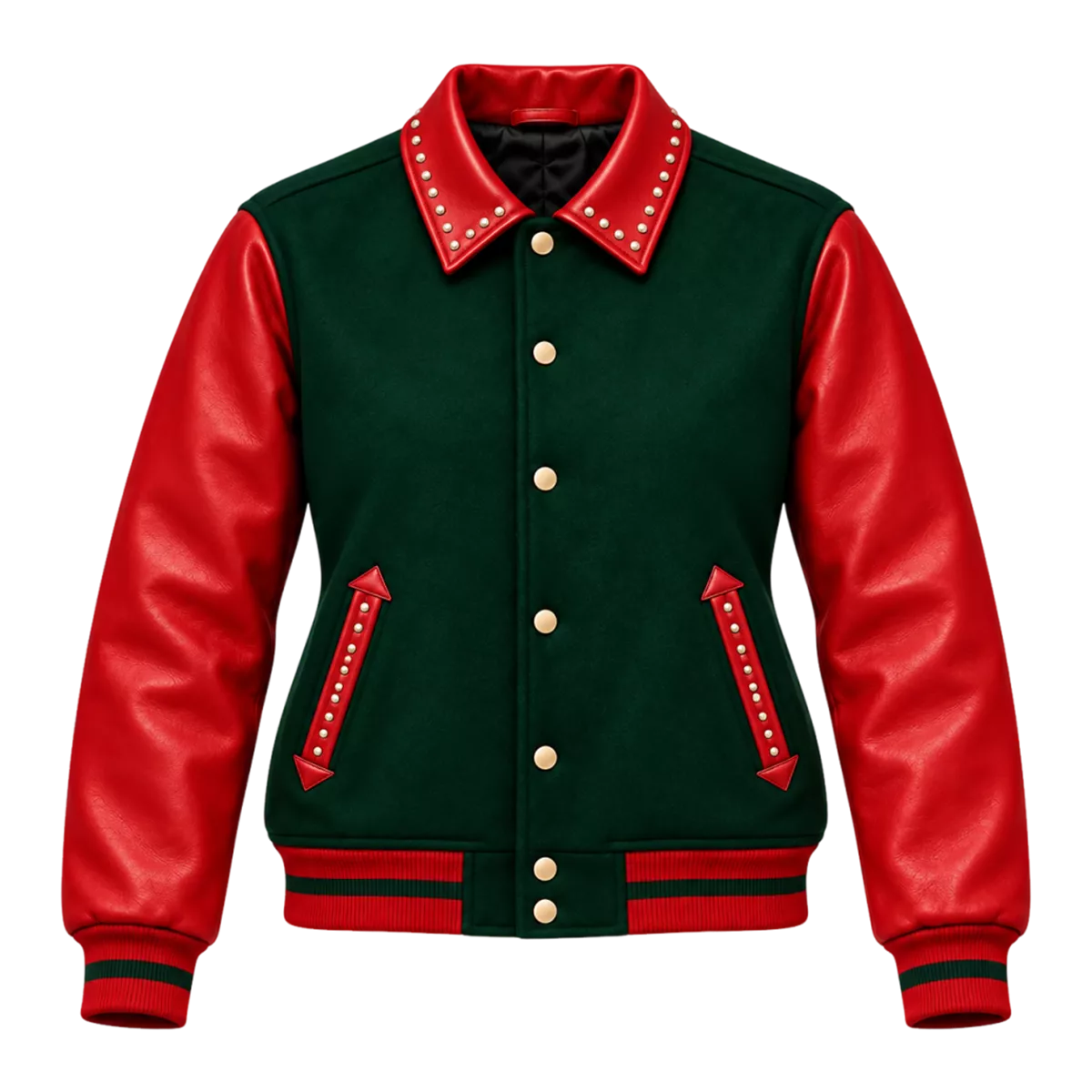 Women's Red & Green Christmas Varsity Jacket – Studded Leather Sleeve Bomber