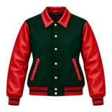 Women's Red & Green Christmas Varsity Jacket – Studded Leather Sleeve Bomber