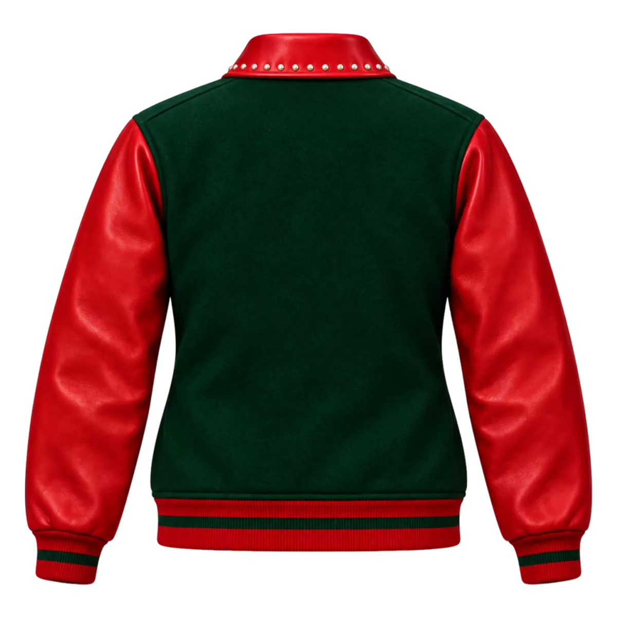 Women's Red & Green Christmas Varsity Jacket – Studded Leather Sleeve Bomber