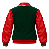 Women's Red & Green Christmas Varsity Jacket – Studded Leather Sleeve Bomber