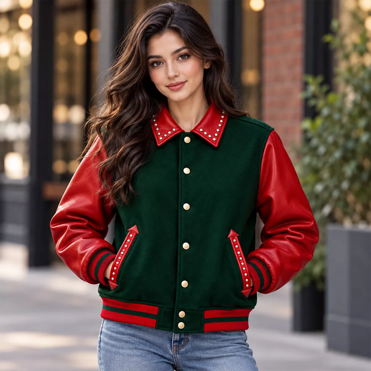 Women's Red & Green Christmas Varsity Jacket – Studded Leather Sleeve Bomber
