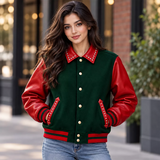 Women's Red & Green Christmas Varsity Jacket – Studded Leather Sleeve Bomber