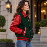 Women's Red & Green Christmas Varsity Jacket – Studded Leather Sleeve Bomber