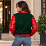 Women's Red & Green Christmas Varsity Jacket – Studded Leather Sleeve Bomber