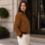 Women’s Tan Brown Suede Bomber Jacket | Ribbed Collar Zip-Up Jacket