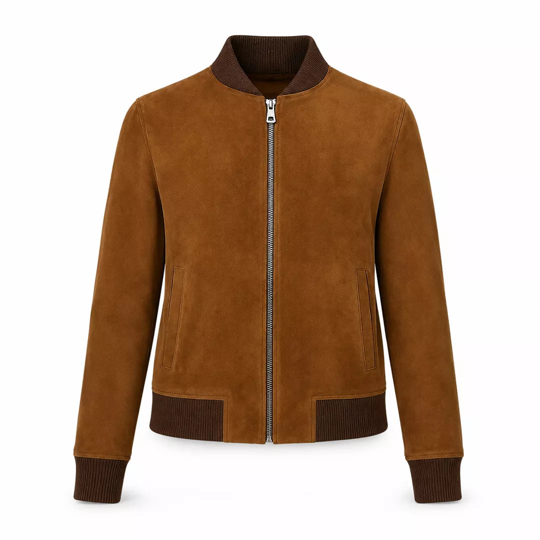 Women’s Tan Brown Suede Bomber Jacket | Ribbed Collar Zip-Up Jacket