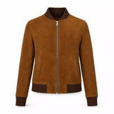 Women’s Tan Brown Suede Bomber Jacket | Ribbed Collar Zip-Up Jacket