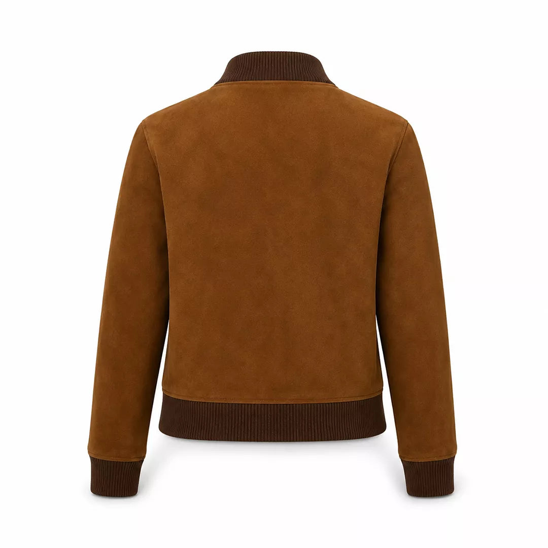Women’s Tan Brown Suede Bomber Jacket | Ribbed Collar Zip-Up Jacket