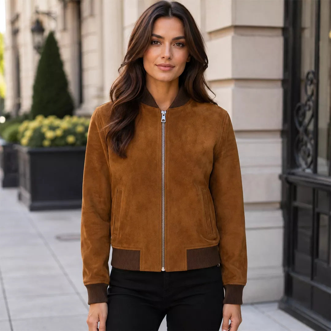 Women’s Tan Brown Suede Bomber Jacket | Ribbed Collar Zip-Up Jacket