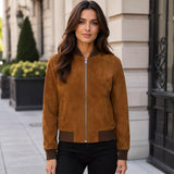 Women’s Tan Brown Suede Bomber Jacket | Ribbed Collar Zip-Up Jacket