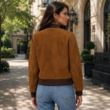 Women’s Tan Brown Suede Bomber Jacket | Ribbed Collar Zip-Up Jacket