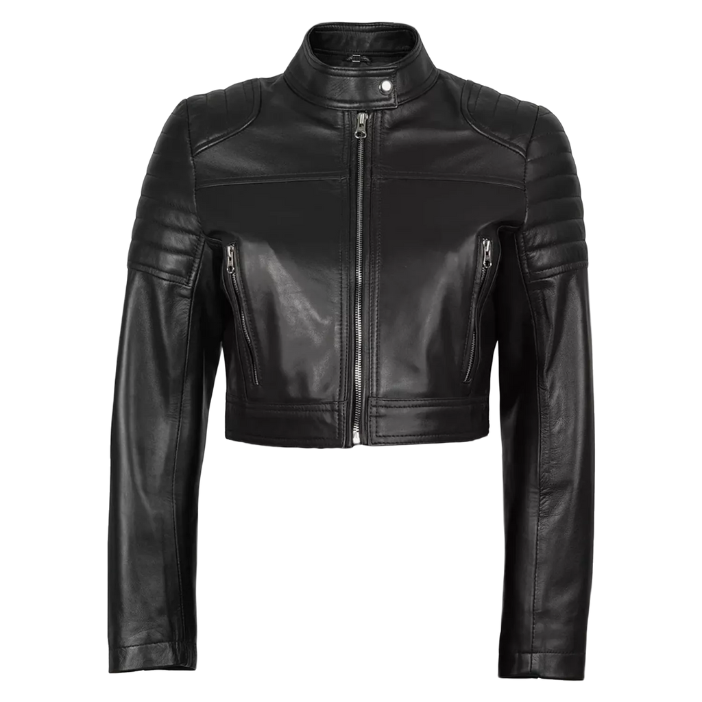 Women’s Black Leather Cropped Biker Jacket | Quilted Sleeve Moto Jacket