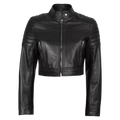 Women’s Black Leather Cropped Biker Jacket | Quilted Sleeve Moto Jacket