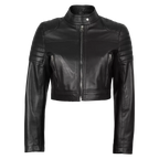 Women’s Black Leather Cropped Biker Jacket | Quilted Sleeve Moto Jacket