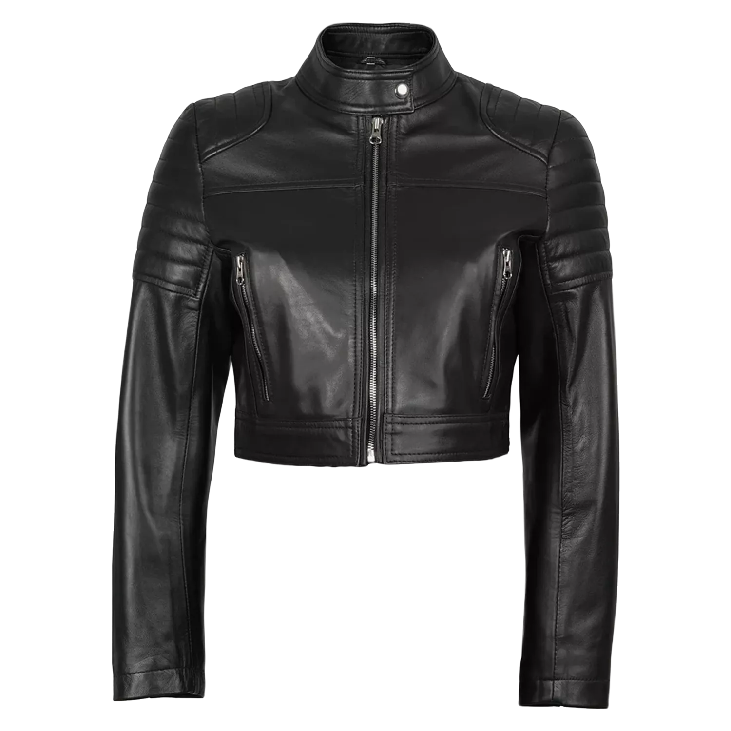 Women’s Black Leather Cropped Biker Jacket | Quilted Sleeve Moto Jacket