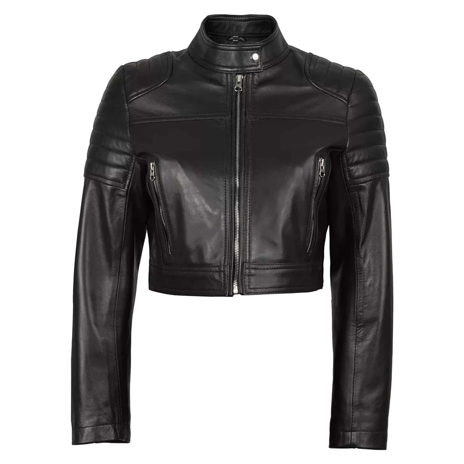 Women’s Black Cropped Leather Biker Jacket | Quilted Shoulder Moto Jacket