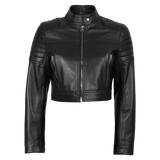 Women’s Black Cropped Leather Biker Jacket | Quilted Shoulder Moto Jacket