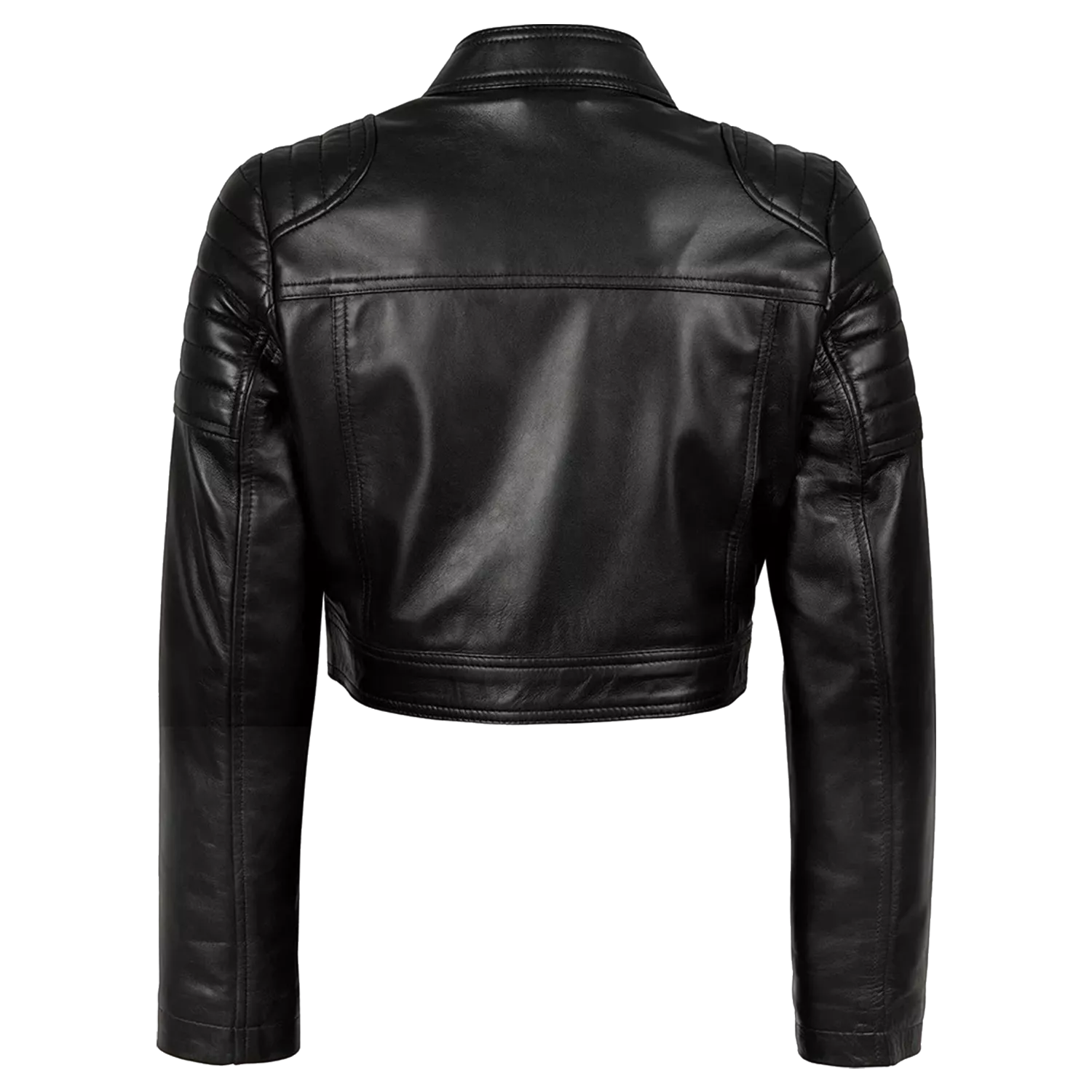 Women’s Black Cropped Leather Biker Jacket | Quilted Shoulder Moto Jacket