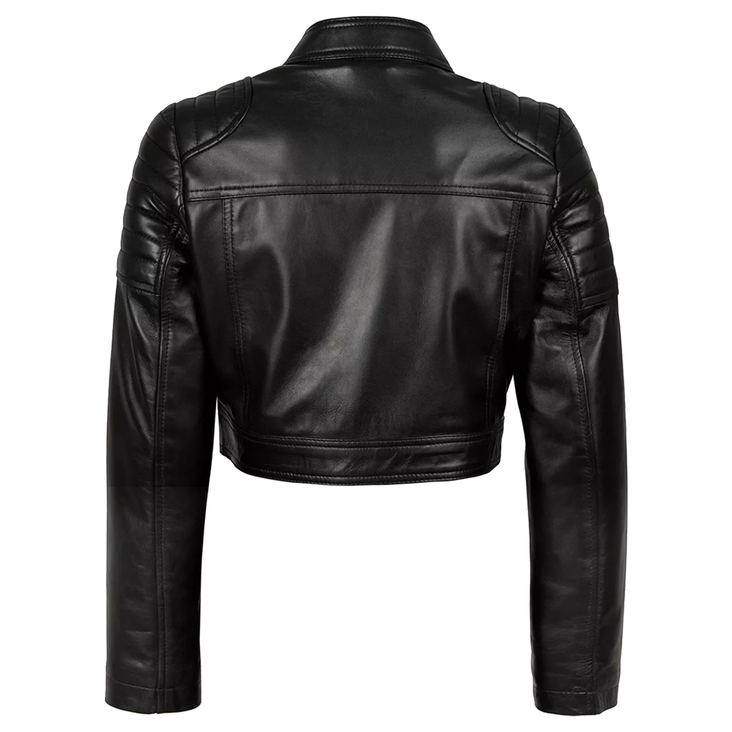 Women’s Black Cropped Leather Biker Jacket | Quilted Shoulder Moto Jacket