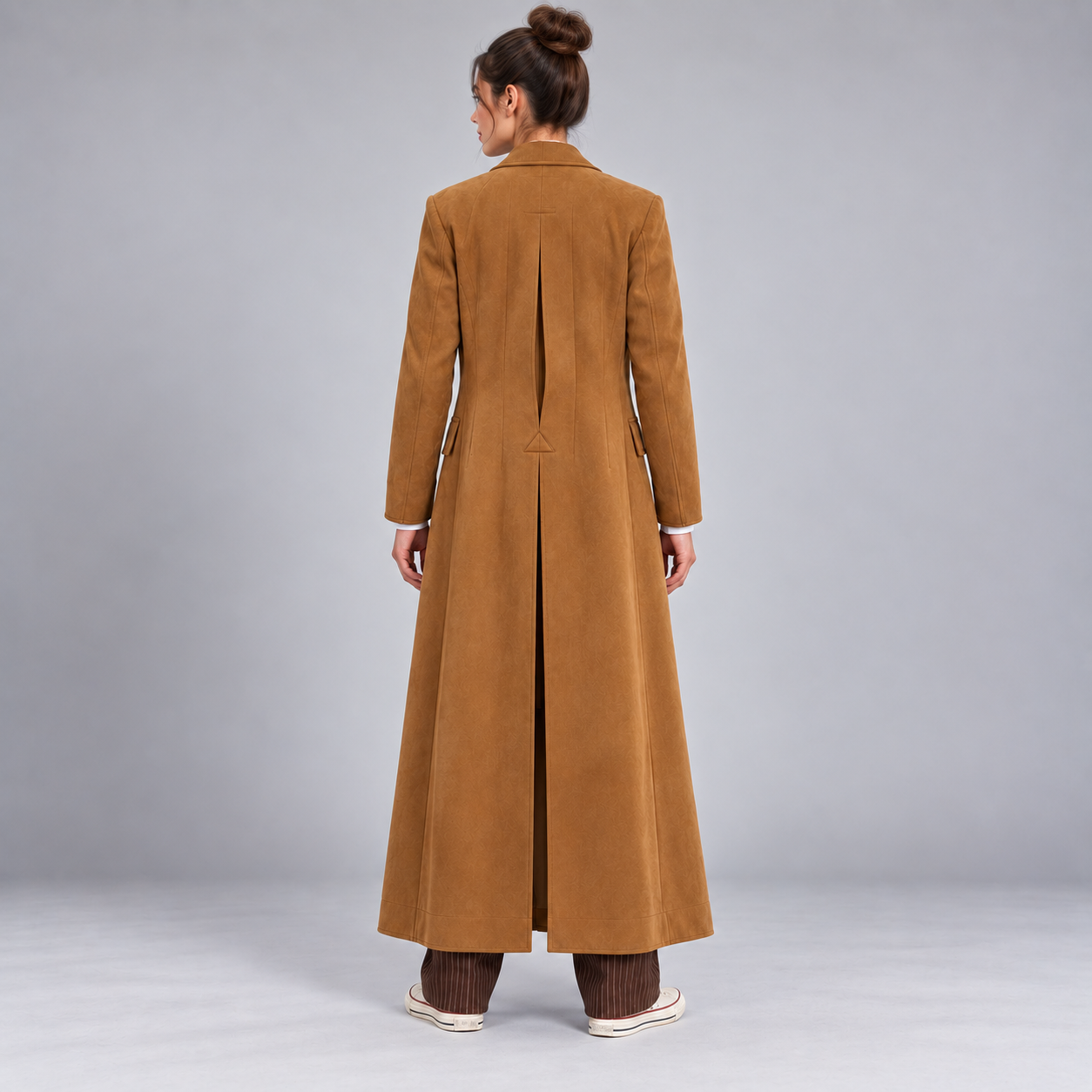 Women's Camel Brown Double Breasted Maxi Coat – Cotton Ankle Length Long Overcoat with Wide Notched Lapels, Vintage Inspired