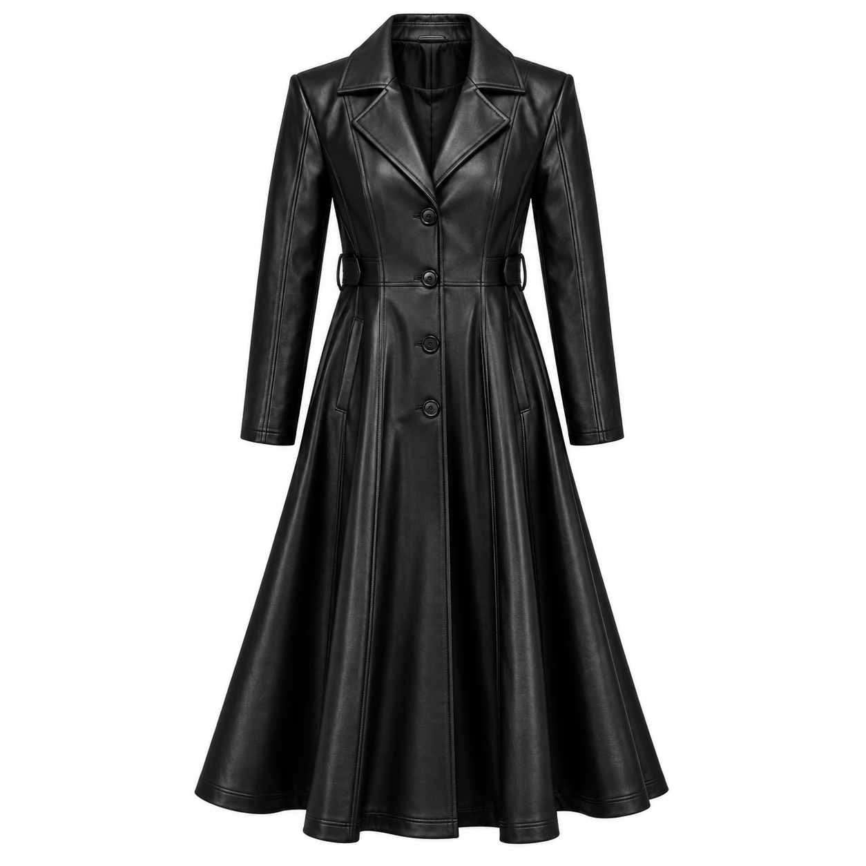 Women’s Black Leather Long Coat Gothic Elegance with a Fitted Waist & Flared Hem