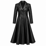 Women’s Black Leather Long Coat Gothic Elegance with a Fitted Waist & Flared Hem