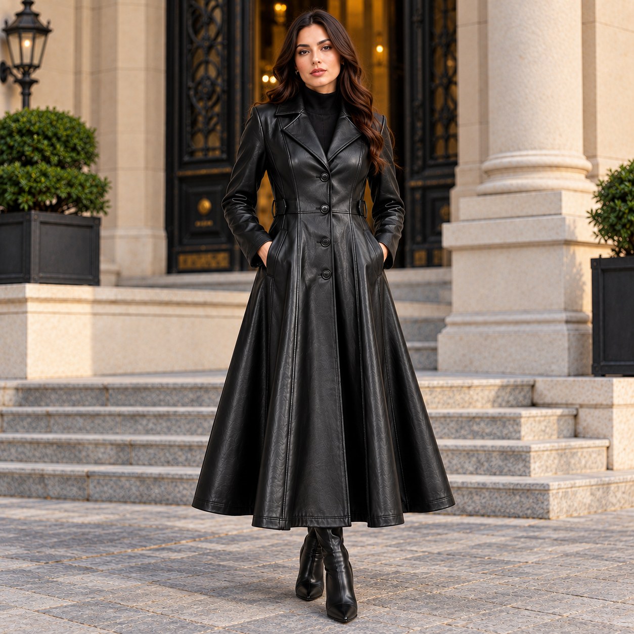 Women’s Black Leather Long Coat Gothic Elegance with a Fitted Waist & Flared Hem