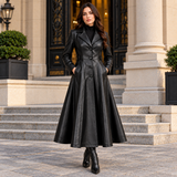 Women’s Black Leather Long Coat Gothic Elegance with a Fitted Waist & Flared Hem