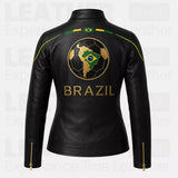 Women’s Brazil Soccer Fan Leather Jacket | Black Gold Zip Biker Jacket