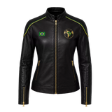 Women’s Brazil Soccer Fan Leather Jacket | Black Gold Zip Biker Jacket