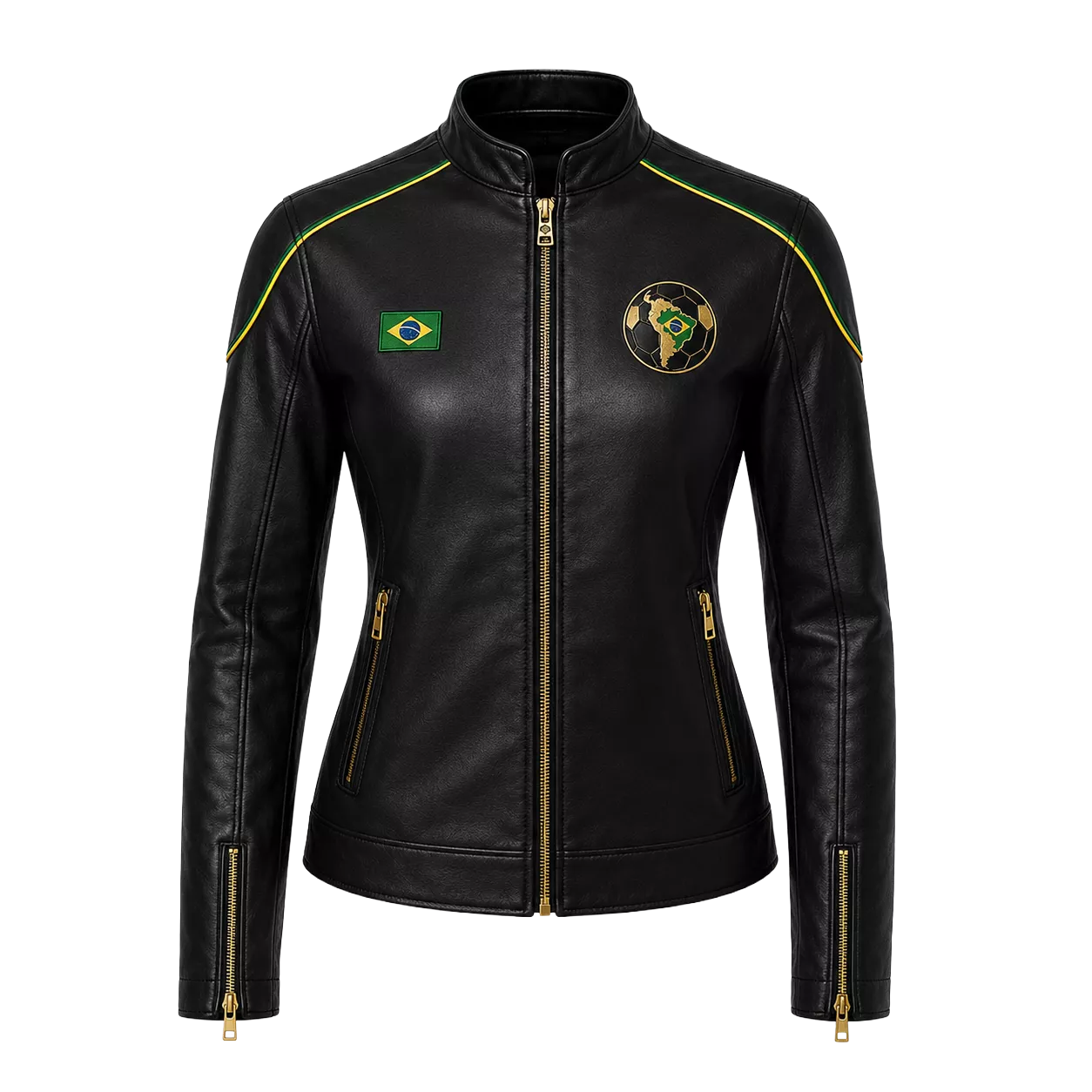 Women’s Brazil Soccer Fan Leather Jacket | Black Gold Zip Biker Jacket