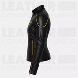 Women’s Brazil Soccer Fan Leather Jacket | Black Gold Zip Biker Jacket