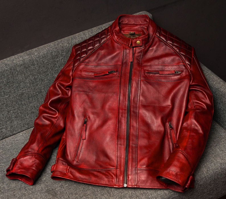 Herren handgefertigte Lederjacke im Vintage-Stil aus bordeauxrotem Leder