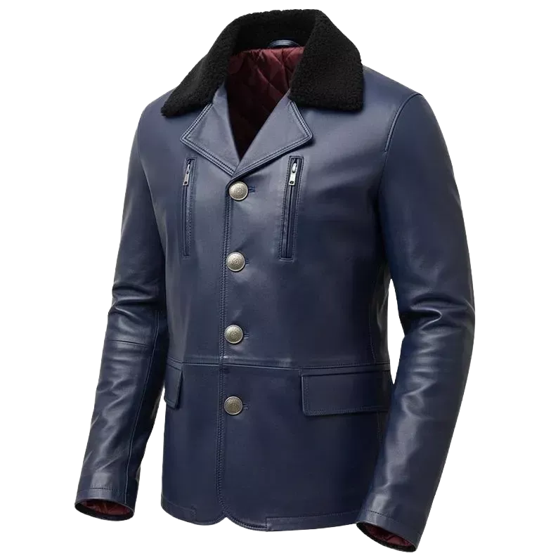 Men’s Navy Blue Leather Coat with Shearling Collar – Winter Button Front Jacket