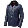 Men’s Navy Blue Leather Coat with Shearling Collar – Winter Button Front Jacket