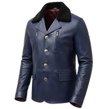 Men’s Navy Blue Leather Coat with Shearling Collar – Winter Button Front Jacket