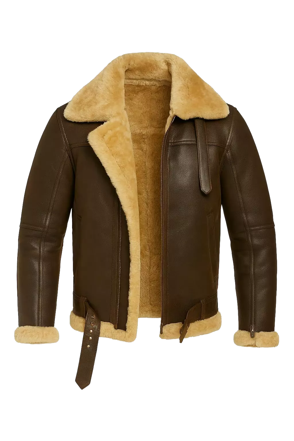 Men’s Real Leather Aviator Jacket - B3 Bomber Shearling Coat - Brown & Black Winter Pilot