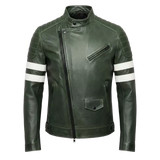 Men's Green Leather Biker Jacket – Slim Fit Moto Coat with Stripe Sleeves